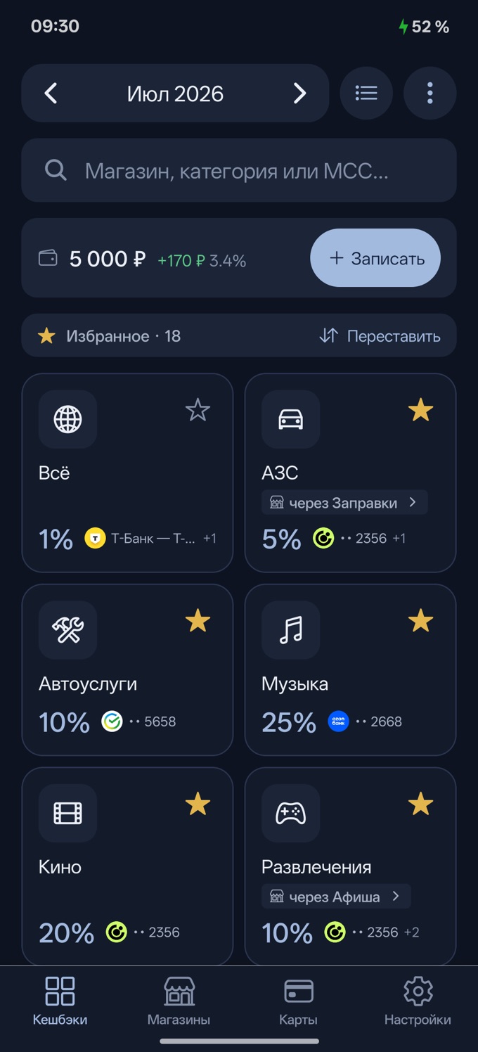 Кэшбэк Гид — главный экран приложения